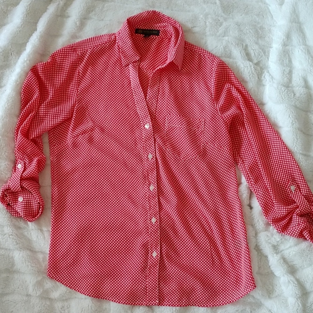 Red polka dot button up shirt